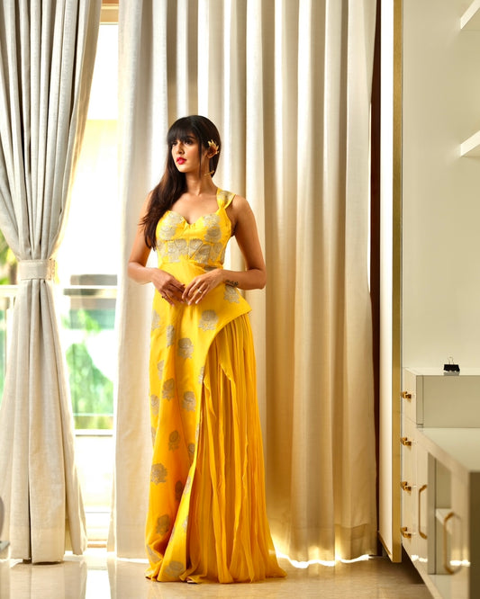 A-Symmetric Golden Yellow Gown