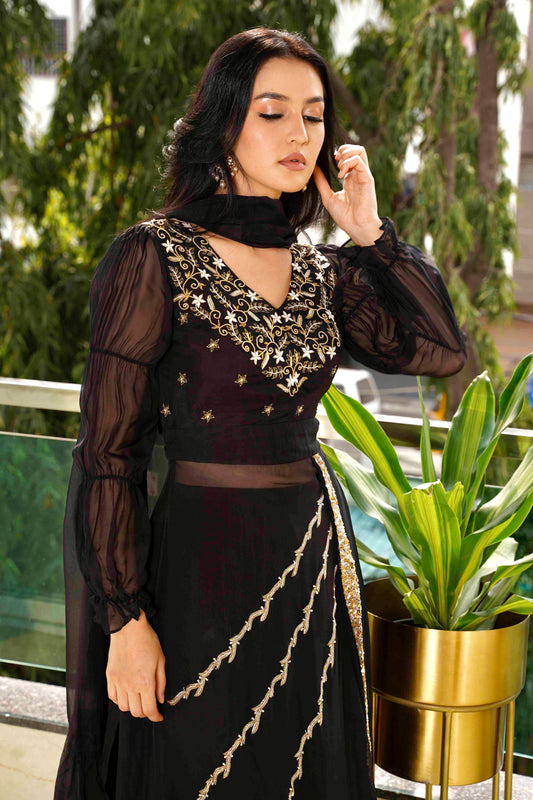 Embroidered Kurti Set-Luxurious Black