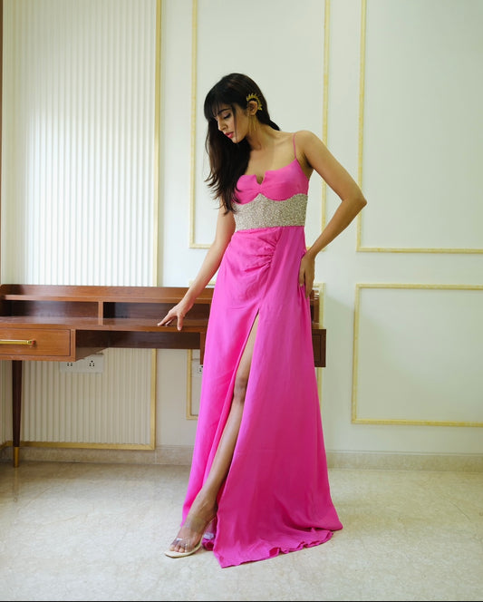 Straight Belt Gown-Vibrant Pink